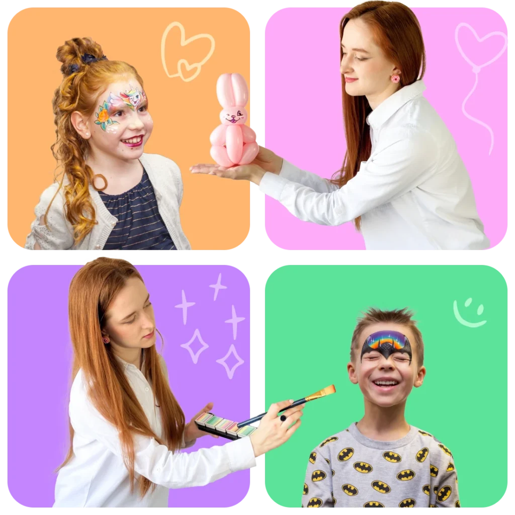 Face painting artist working with children, creating balloon figures and colorful designs at events