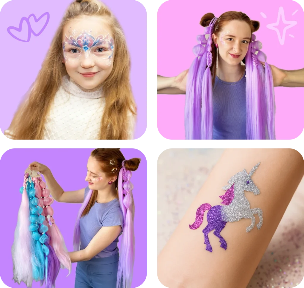 Beauty Bar party at BloomART: face paint, braids, glitter tattoo and Polina working with children