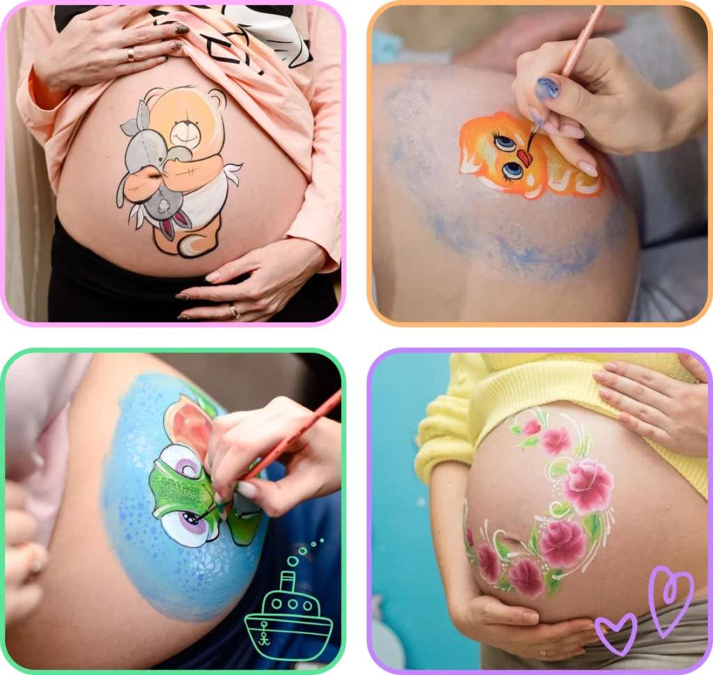 Colourful belly painting for pregnant women in Zürich – flowers, cartoon animals and glitter accents.