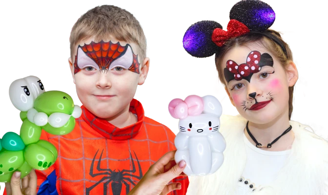 Two kids with fun face paint designs and balloon animals, including a Spiderman and Hello Kitty theme