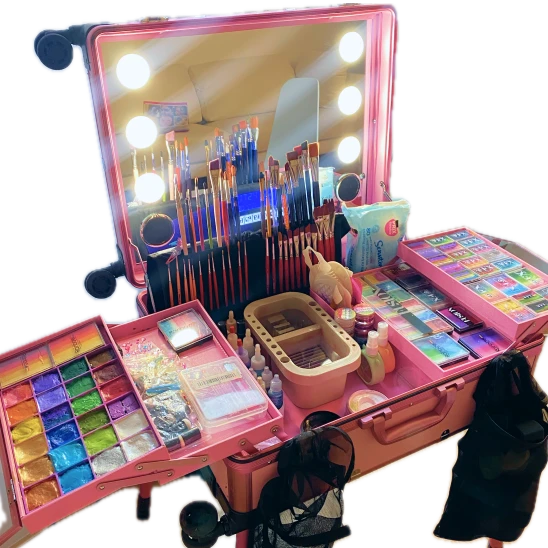 Professional face painting makeup kit with lights, brushes and paints