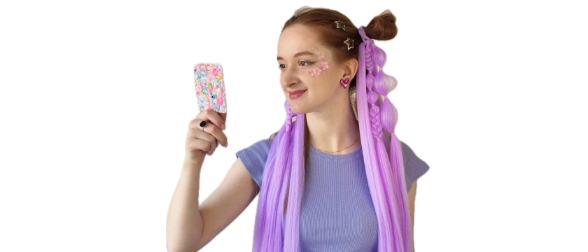 Girl with long purple braids and glitter makeup taking a selfie