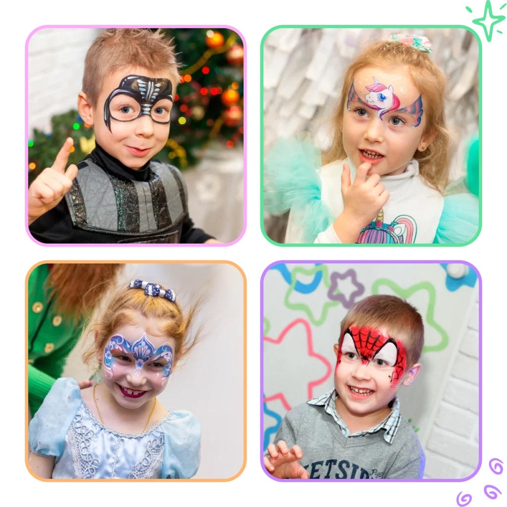 Face painting for kids – boy with superhero mask, girls with unicorn and butterfly designs, and Spiderman face paint