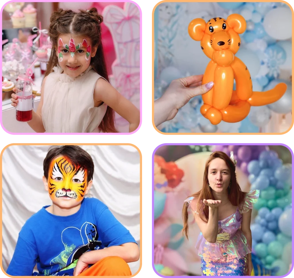 Collage with face paint, balloon bear, and themed decor